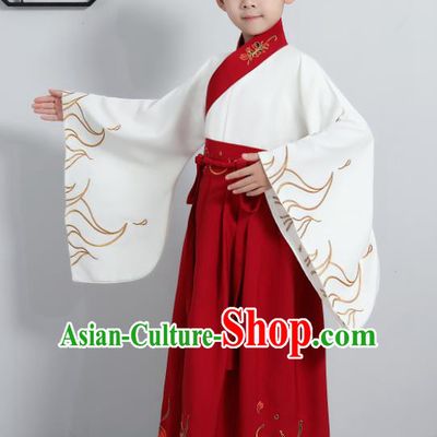Chinese Traditional Han Dynasty Boys Embroidered Red Hanfu Clothing Ancient Scholar Costume for Kids