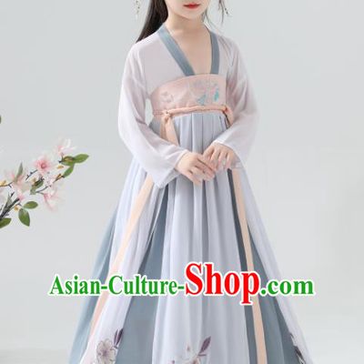 Chinese Traditional Tang Dynasty Girls Blue Grey Hanfu Dress Ancient Princess Costume for Kids