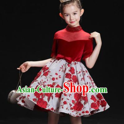 Top Grade Christmas Day Dance Performance Red Velvet Full Dress Kindergarten Girl Stage Show Costume for Kids