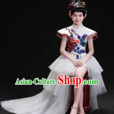 Chinese New Year Performance White Veil Trailing Full Dress Kindergarten Girls Dance Stage Show Costume for Kids