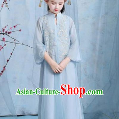 Chinese New Year Performance Embroidered Blue Veil Dress Kindergarten Girls Dance Stage Show Costume for Kids