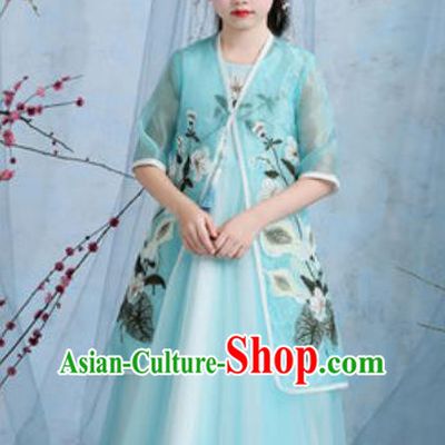 Chinese New Year Performance Embroidered Blue Veil Dress National Kindergarten Girls Dance Stage Show Costume for Kids