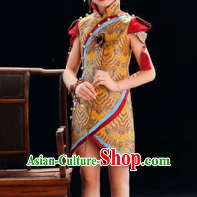 Chinese New Year Performance Yellow Qipao Dress National Kindergarten Girls Dance Stage Show Costume for Kids