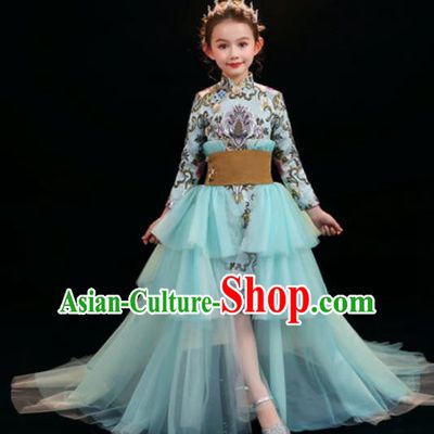 Top Grade Christmas Day Dance Performance Green Veil Trailing Full Dress Kindergarten Girl Stage Show Costume for Kids