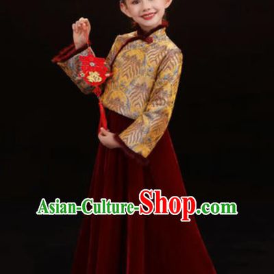 Chinese New Year Performance Purplish Red Dress National Kindergarten Girls Dance Stage Show Costume for Kids