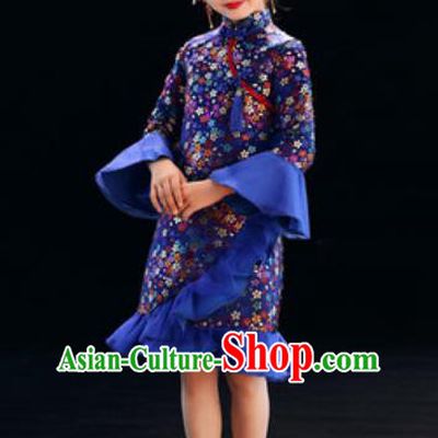 Chinese New Year Performance Royalblue Qipao Dress National Kindergarten Girls Dance Stage Show Costume for Kids