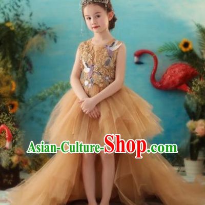 Top Grade Christmas Day Dance Performance Golden Trailing Full Dress Kindergarten Girl Stage Show Costume for Kids