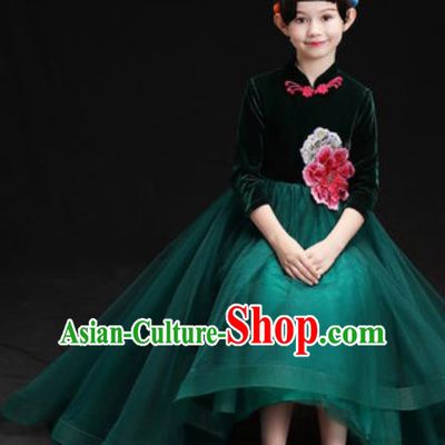 Chinese New Year Dance Performance Green Veil Full Dress Kindergarten Girls Stage Show Costume for Kids