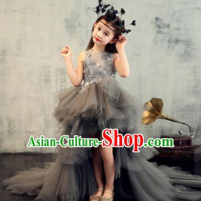 Top Grade Christmas Day Dance Performance Grey Veil Trailing Full Dress Kindergarten Girl Stage Show Costume for Kids