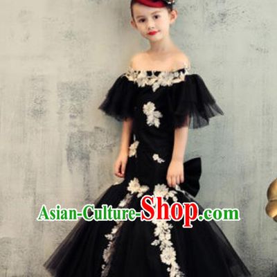 Top Grade Christmas Day Dance Performance Black Veil Fishtail Full Dress Kindergarten Girl Stage Show Costume for Kids