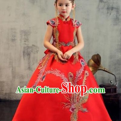 Chinese New Year Performance Embroidered Phoenix Red Dress National Kindergarten Girls Dance Stage Show Costume for Kids