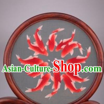 Chinese Traditional Suzhou Embroidery Red Carps Desk Folding Screen Embroidered Rosewood Decoration Embroidering Craft