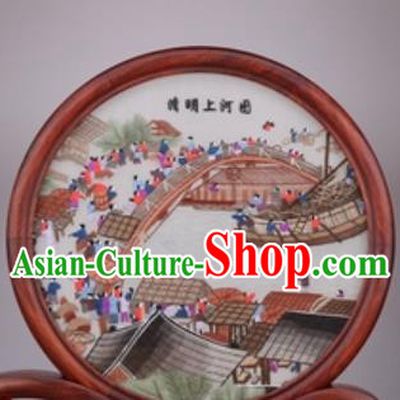 Chinese Traditional Suzhou Embroidery Riverside Scene at Qingming Festival Desk Folding Screen Embroidered Rosewood Decoration Embroidering Craft