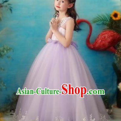 Top Grade Christmas Day Dance Performance Purple Veil Full Dress Kindergarten Girl Stage Show Costume for Kids