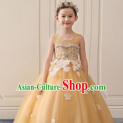 Top Grade Christmas Day Dance Performance Yellow Veil Trailing Full Dress Kindergarten Girl Stage Show Costume for Kids