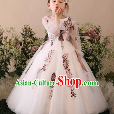 Top Grade Christmas Day Dance Performance Flowers Fairy White Full Dress Kindergarten Girl Stage Show Costume for Kids