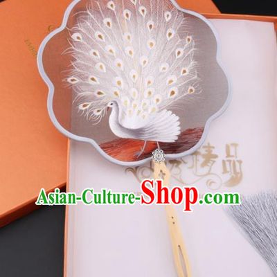 Chinese Traditional Suzhou Embroidery White Peacock Palace Fans Embroidered Fans Embroidering Craft