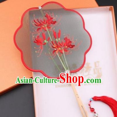 Chinese Traditional Suzhou Embroidery Red Spider Lily Palace Fans Embroidered Fans Embroidering Craft