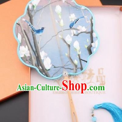 Chinese Traditional Suzhou Embroidery White Magnolia Palace Fans Embroidered Fans Embroidering Craft