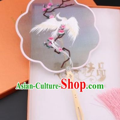 Chinese Traditional Suzhou Embroidery White Phoenix Palace Fans Embroidered Fans Embroidering Craft