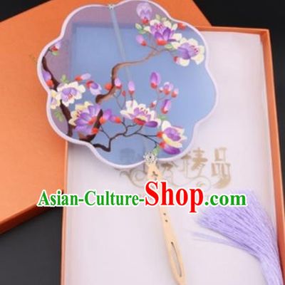 Chinese Traditional Suzhou Embroidery Purple Magnolia Palace Fans Embroidered Fans Embroidering Craft