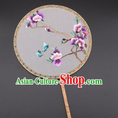 Chinese Traditional Suzhou Embroidery Purple Plum Palace Fans Embroidered Silk Round Fans Embroidery Craft