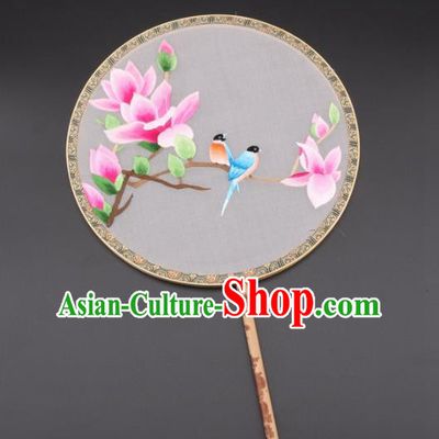 Chinese Traditional Suzhou Embroidery Pink Magnolia Birds Palace Fans Embroidered Silk Round Fans Embroidery Craft