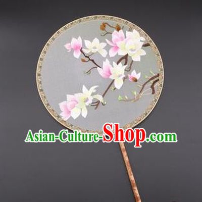Chinese Traditional Suzhou Embroidery Magnolia Palace Fans Embroidered Silk Round Fans Embroidery Craft