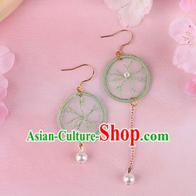 Traditional Chinese Handmade Embroidery Green Earrings Classical Hanfu Embroidered Ear Accessories for Women