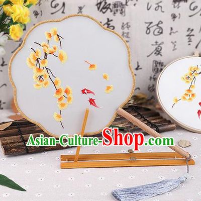 Chinese Traditional Handmade Embroidery Ginkgo Leaf Silk Fan Embroidered Palace Fans
