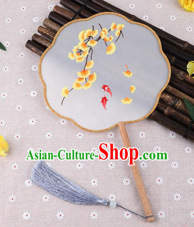 Chinese Traditional Handmade Embroidery Ginkgo Leaf Silk Fan Embroidered Palace Fans Chinese Traditional Handmade Embroidery Ginkgo Leaf Silk Fan Embroidered Palace Fans