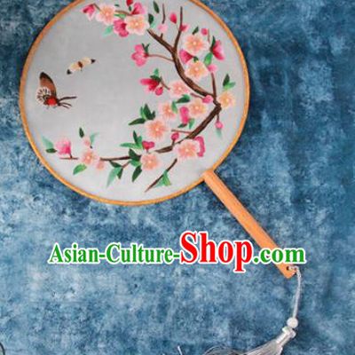 Chinese Traditional Handmade Embroidery Pink Plum Blossom Silk Round Fan Embroidered Palace Fans