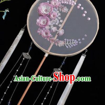 Chinese Traditional Handmade Embroidery Purple Camellia Silk Round Fan Embroidered Palace Fans