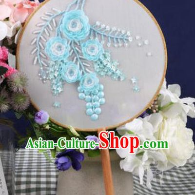 Chinese Traditional Handmade Embroidery Light Blue Camellia Round Fan Embroidered Palace Fans
