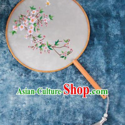 Chinese Traditional Handmade Embroidery Peach Flowers Round Fan Embroidered Palace Fans