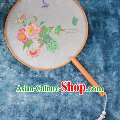 Chinese Traditional Handmade Embroidery Pink Peony Round Fan Embroidered Palace Fans