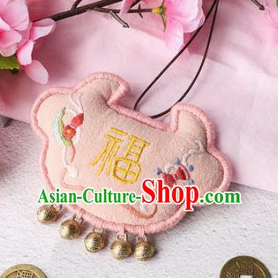 Traditional Chinese Handmade Embroidery Pink Longevity Lock Pendant Embroidered Amulet Accessories