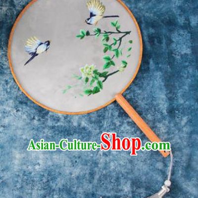 Chinese Traditional Handmade Embroidery Green Flower Round Fan Embroidered Palace Fans