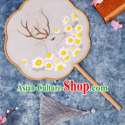 Chinese Traditional Handmade Embroidery Deer Sunflowers Round Fan Embroidered Palace Fans