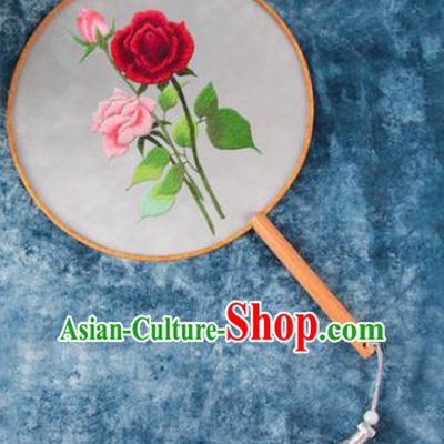 Chinese Traditional Handmade Embroidery Roses Round Fan Embroidered Palace Fans
