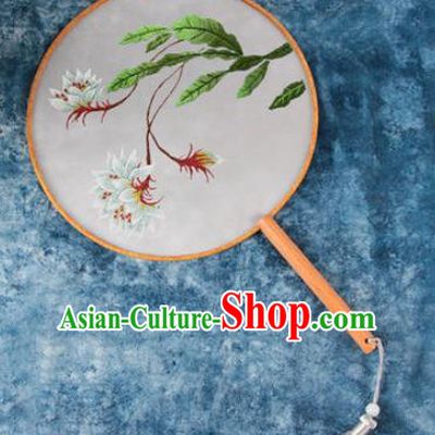 Chinese Traditional Handmade Embroidery Cactus Flower Round Fan Embroidered Palace Fans