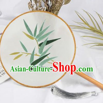 Chinese Traditional Handmade Embroidery Bamboo Leaf Round Fan Embroidered Palace Fans