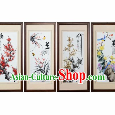Traditional Chinese Handmade Suzhou Embroidery Plum Orchid Bamboo Chrysanthemum Wall Picture Embroidered Scroll Embroidery Craft