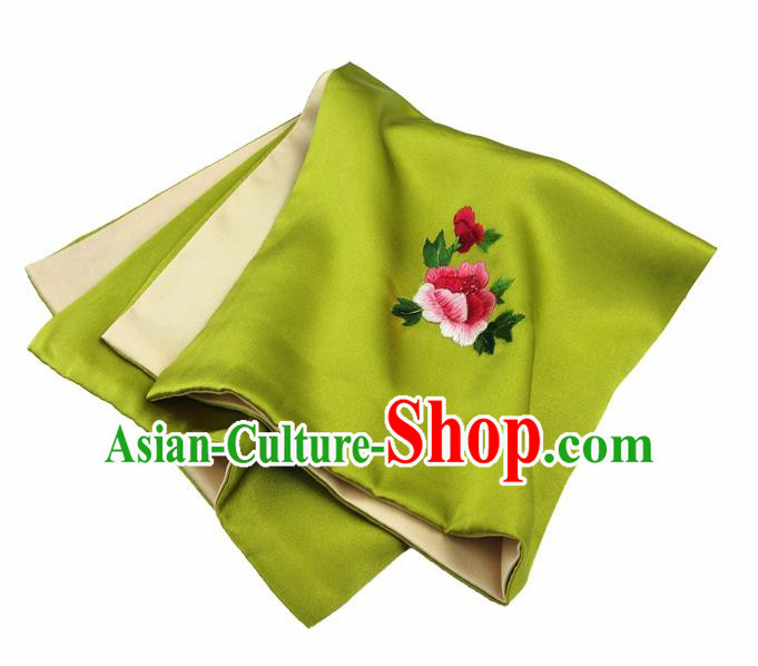 Chinese Traditional Handmade Embroidery Peony Green Silk Handkerchief Embroidered Hanky Suzhou Embroidery Noserag Craft