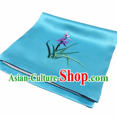 Chinese Traditional Handmade Embroidery Orchid Blue Silk Handkerchief Embroidered Hanky Suzhou Embroidery Noserag Craft