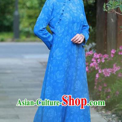 Chinese Traditional Martial Arts Blue Qipao Dress Tang Suit Kung Fu Tai Chi Costume for Women