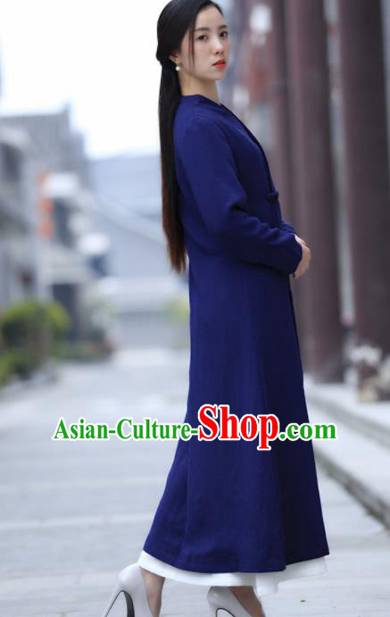 Chinese Traditional Tang Suit Royalblue Flax Dust Coat Classical Overcoat Costume for Women Chinese Traditional Tang Suit Royalblue Flax Dust Coat Classical Overcoat Costume for Women