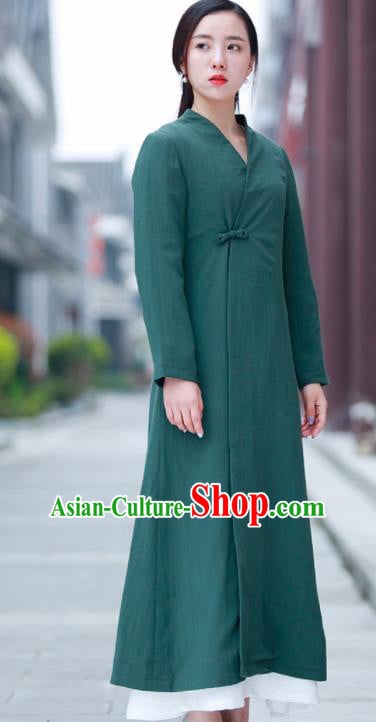 Chinese Traditional Tang Suit Green Flax Dust Coat Classical Overcoat Costume for Women Chinese Traditional Tang Suit Green Flax Dust Coat Classical Overcoat Costume for Women