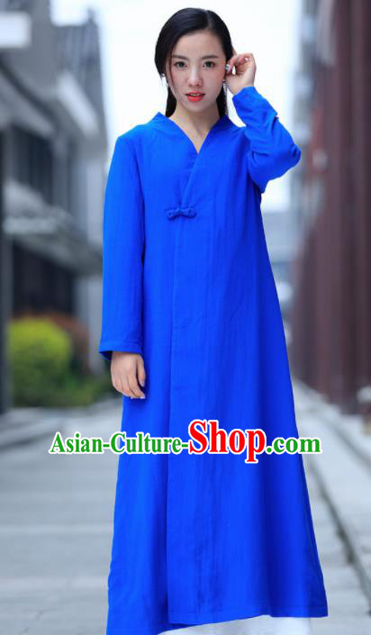 Chinese Traditional Tang Suit Blue Flax Dust Coat Classical Overcoat Costume for Women Chinese Traditional Tang Suit Blue Flax Dust Coat Classical Overcoat Costume for Women