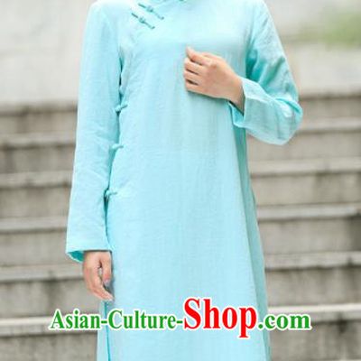 Chinese Traditional Tang Suit Light Blue Flax Qipao Blouse Classical Overcoat Costume for Women